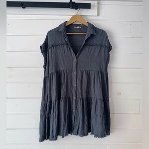 Easel Linen Blend Charcoal Oversized Boho Button Down Ruffle Babydoll Dress Sz S